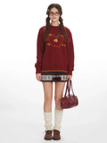 Whimsical Apple & Teddy Bear Pocket Knit Sweater - WEUXS