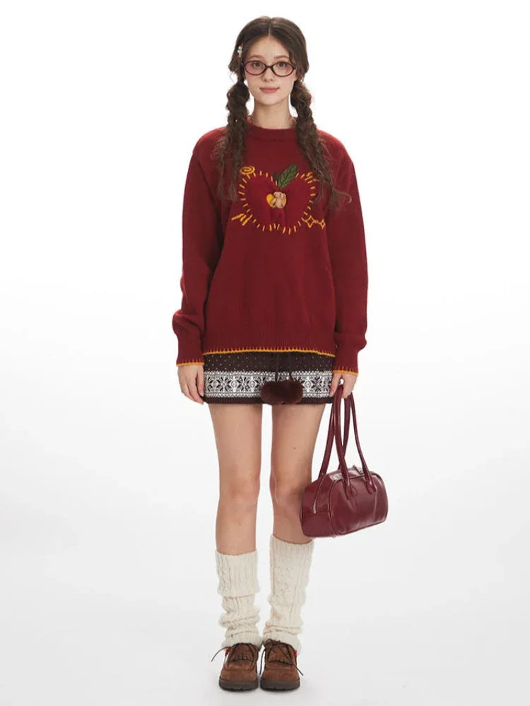 Whimsical Apple & Teddy Bear Pocket Knit Sweater - WEUXS