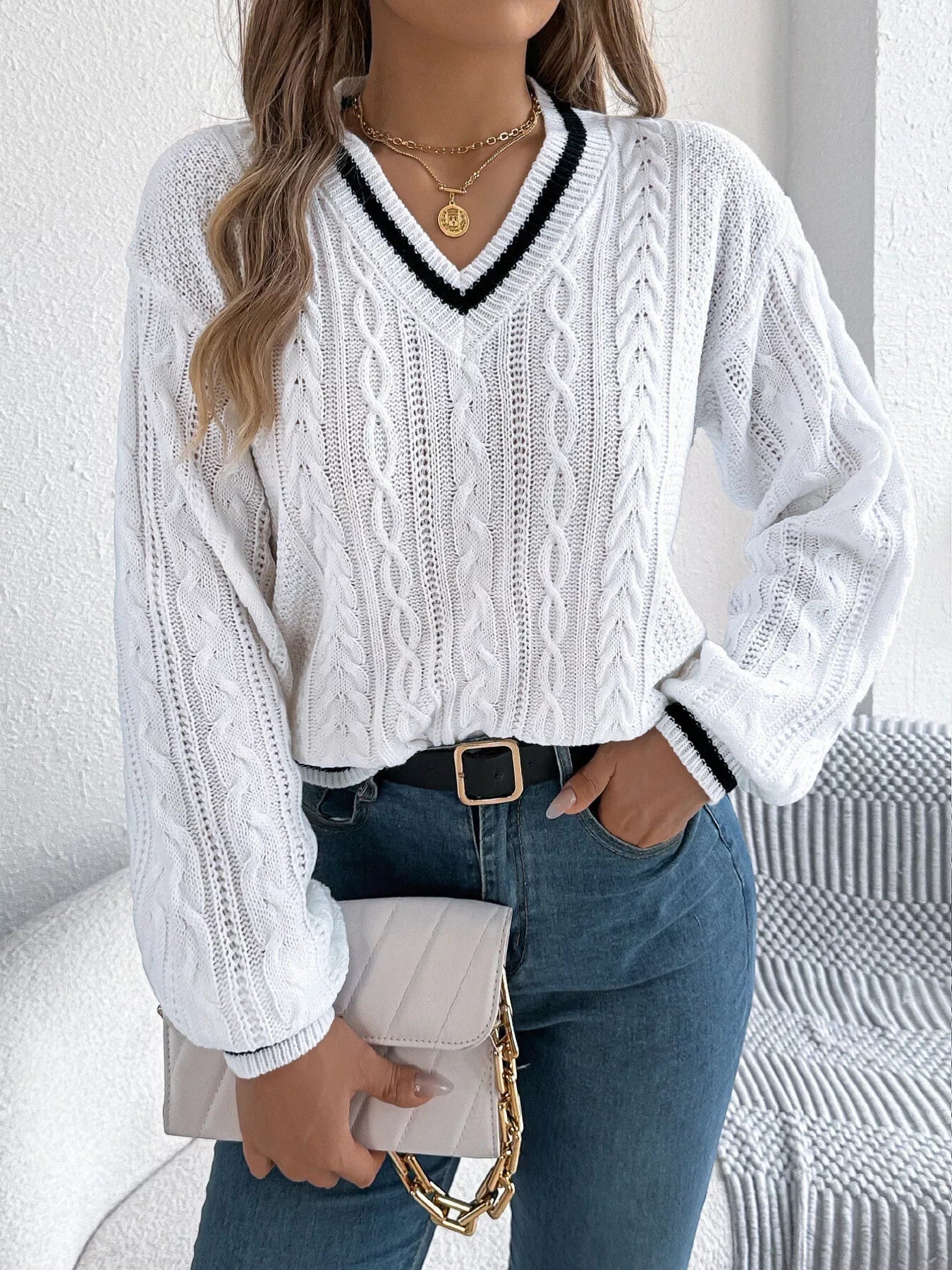 Sky Blue Preppy V-Neck Cable Knit Sweater - WEUXS