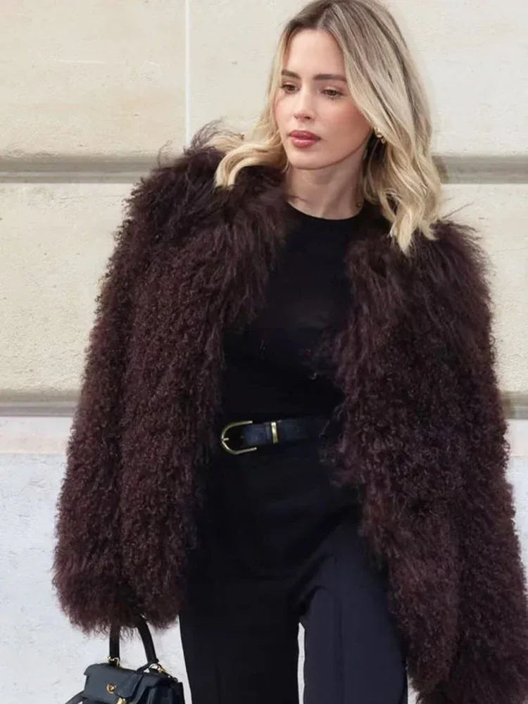Luxe Burgundy Shaggy Faux Fur Cropped Jacket - WEUXS