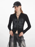 Distressed Zip-Up Mock Neck Top - View 6 | WEUXS