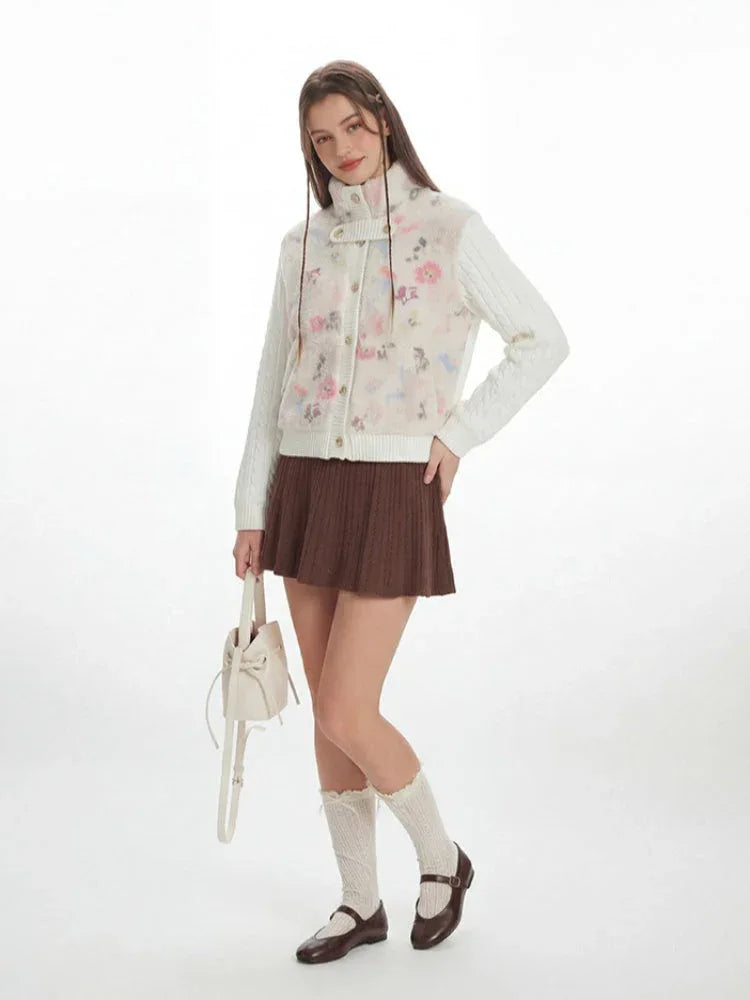 Floral Sherpa & Cable Knit Spliced Jacket - WEUXS