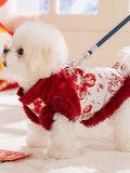 Side view of a white dog wearing a red and white traditional Chinese style dog jacket with floral and dragon embroidery and red faux fur trim, attached to a leash.