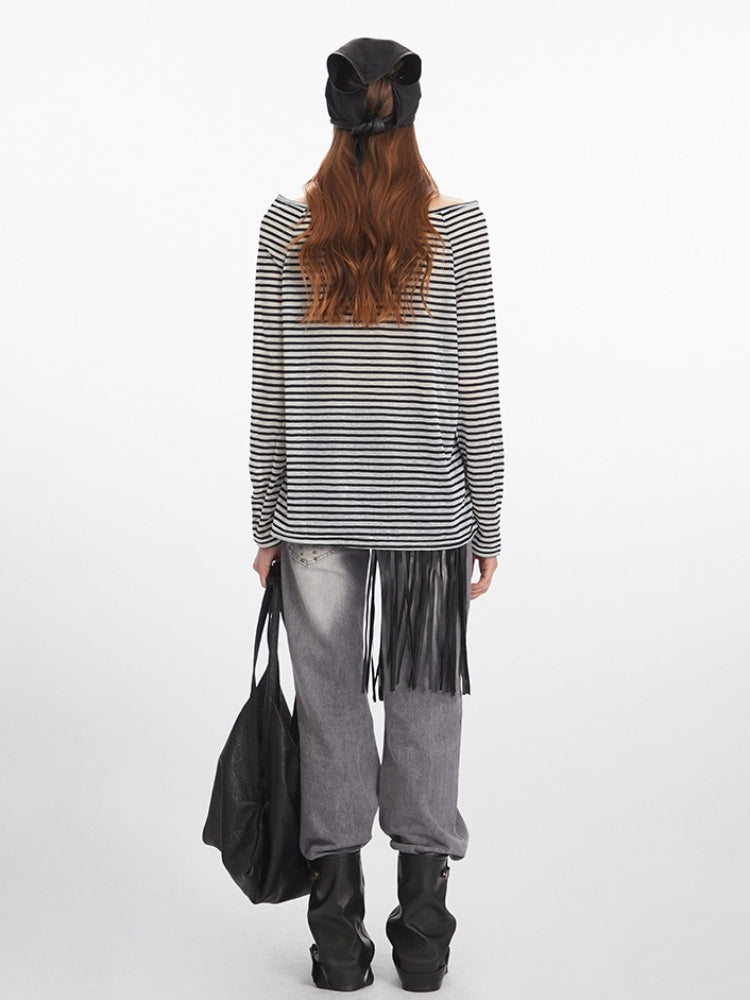 90s Grunge Striped Off-Shoulder Henley Top