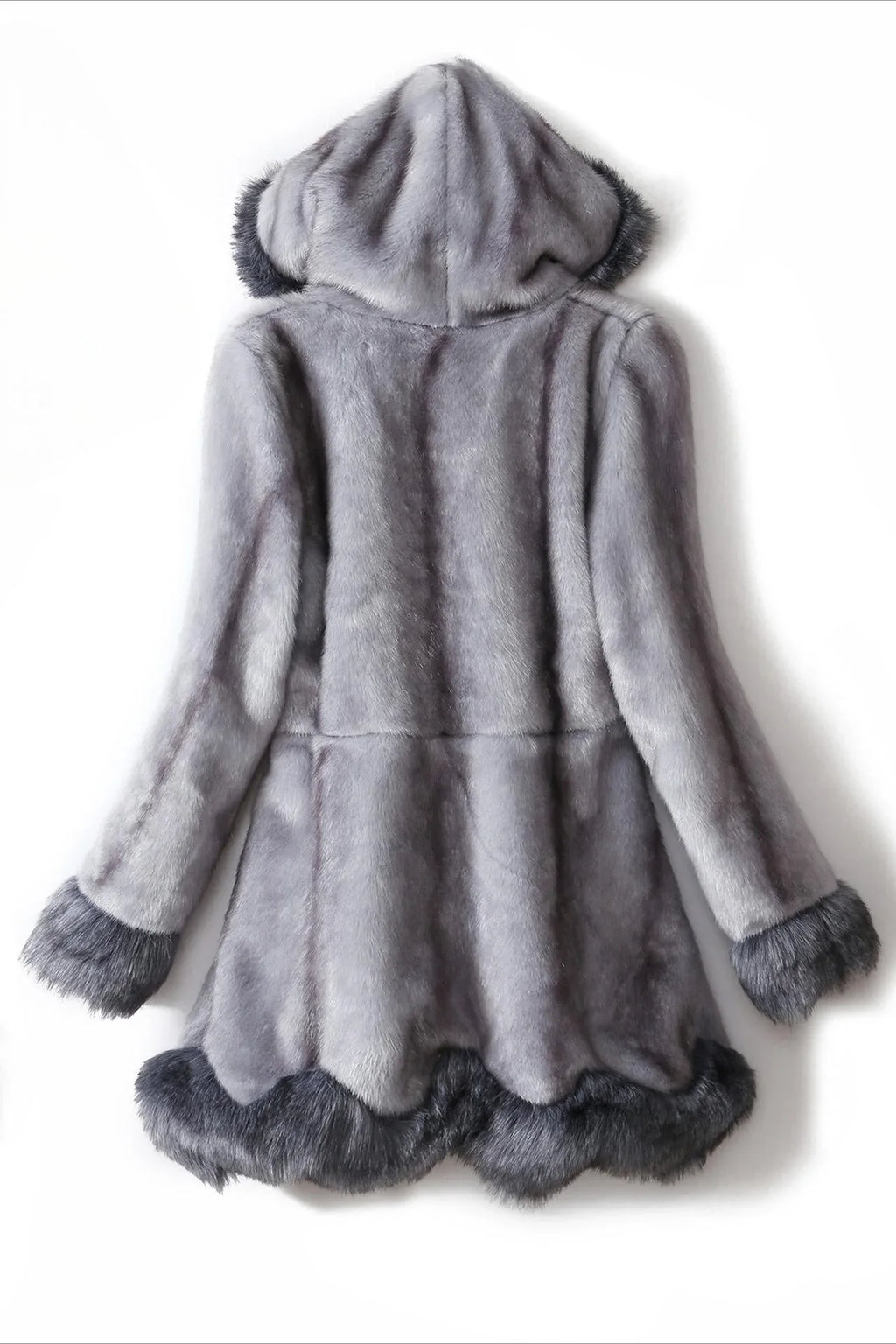 Grey hooded faux fur coat displayed flat, back view