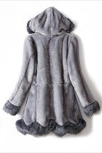 Grey hooded faux fur coat displayed flat, back view