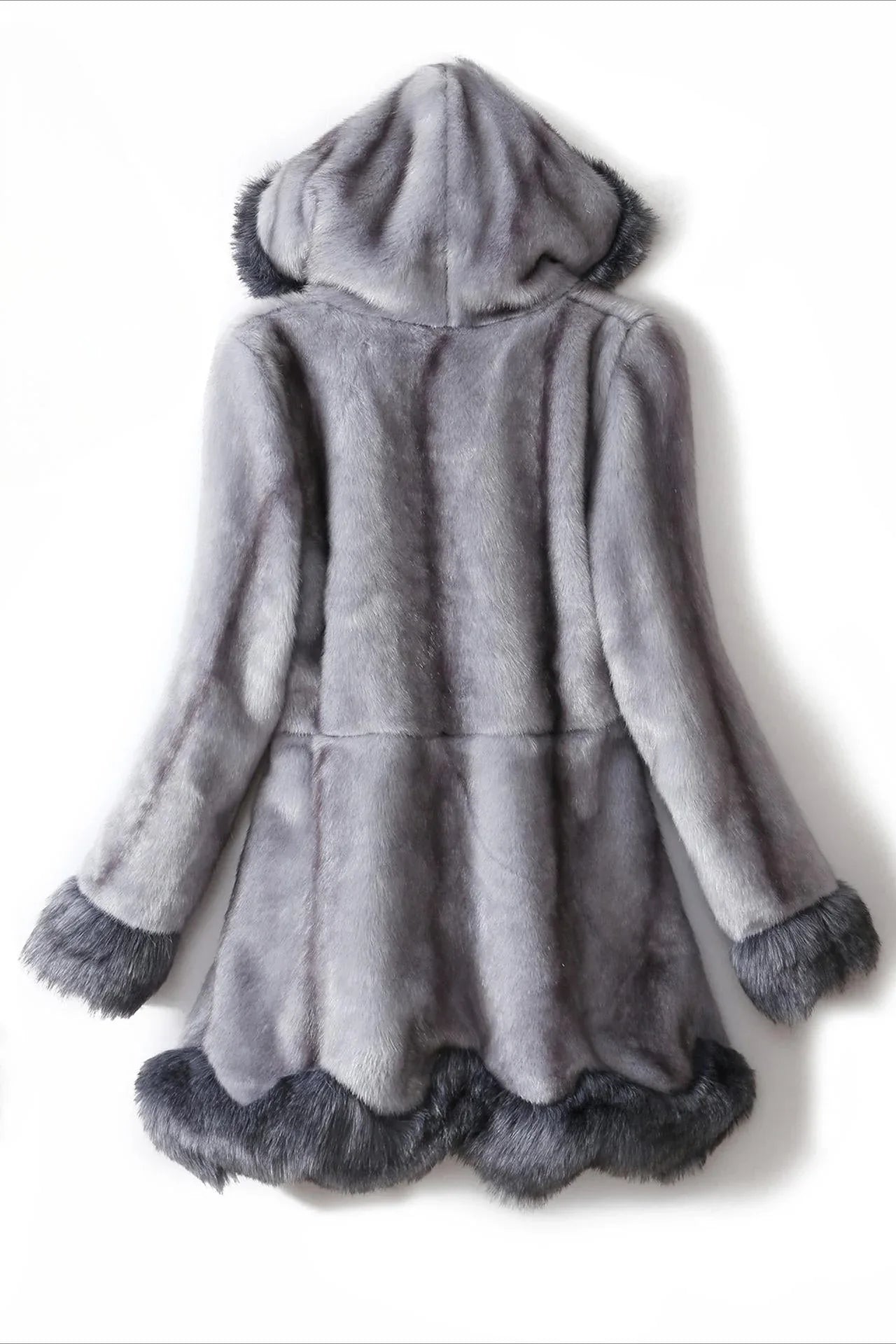 Grey hooded faux fur coat displayed flat, back view