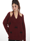 detail of the V-neckline on a burgundy knit sweater