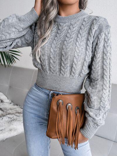 White cable knit crop sweater with lantern sleeves and cinched waist - View 10 | WEUXS