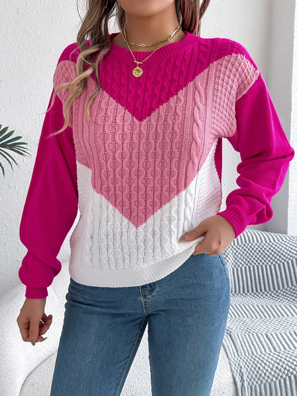 Colorblock cable knit sweater - View 17 | WEUXS
