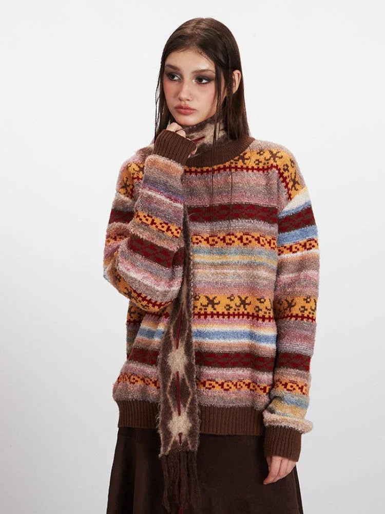 Close-up of a woman modeling a striped turtleneck sweater with a scarf draped around her neck.