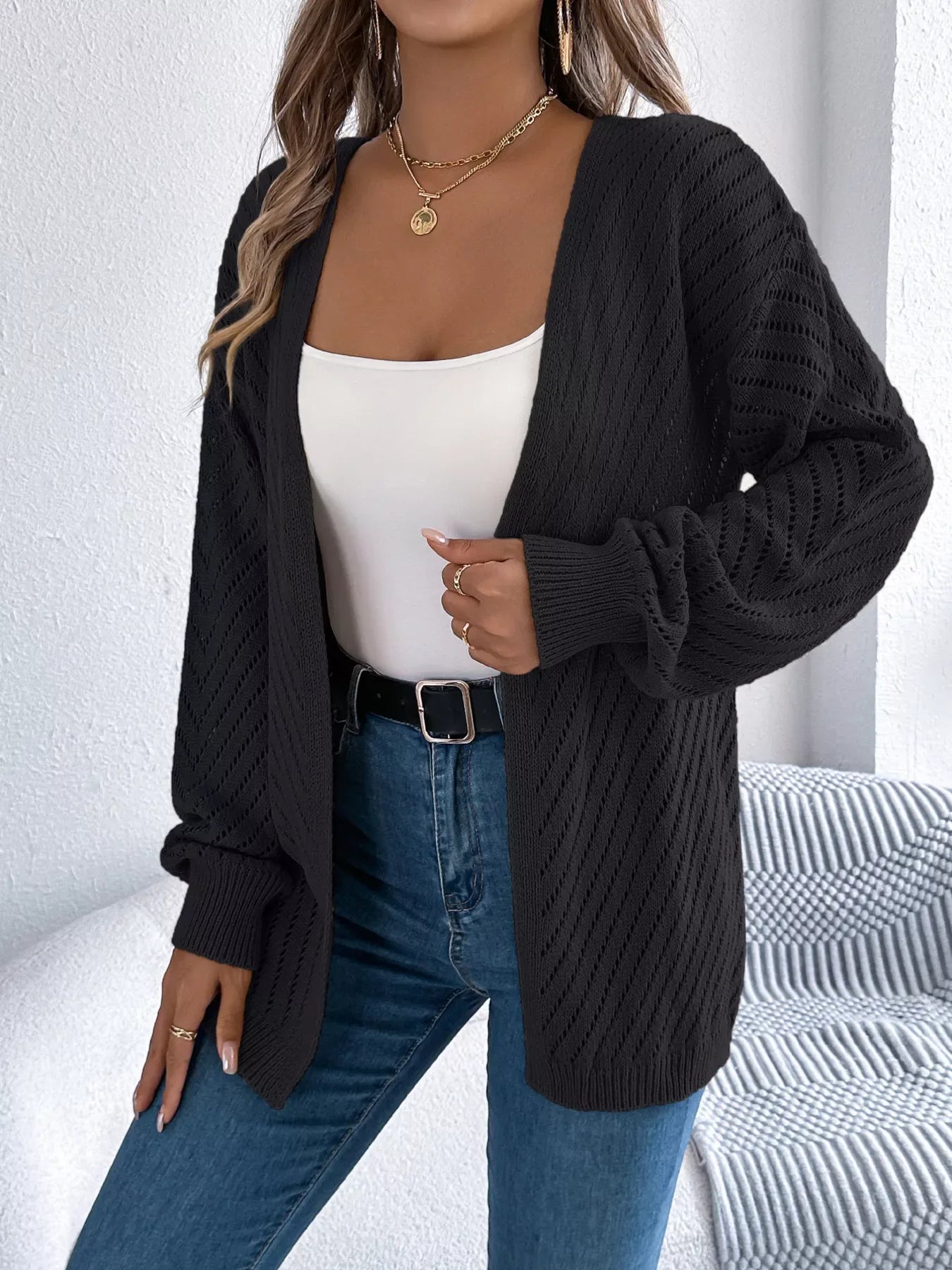 White pointelle knit cardigan - View 11 | WEUXS