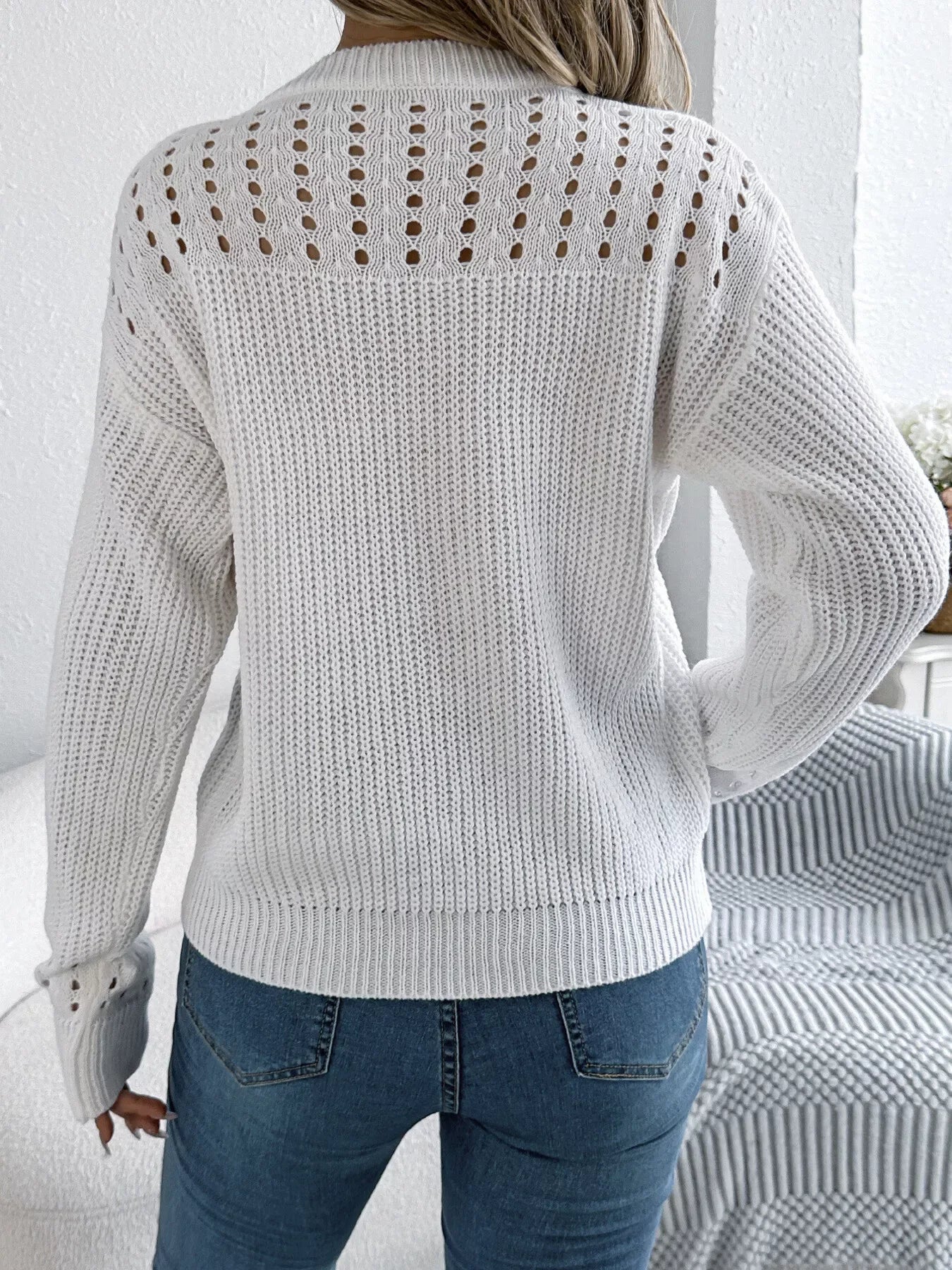 Pointelle Knit Crew Neck Sweater - View 14 | WEUXS