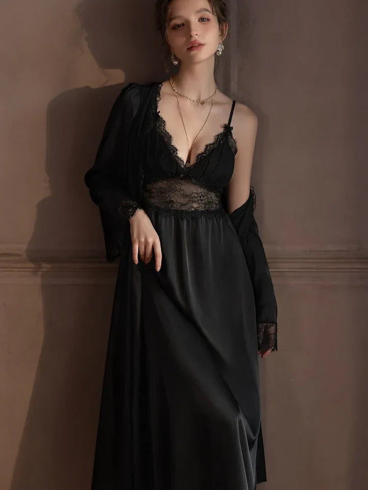 Satin lace robe and slip dress set - View 15 | WEUXS