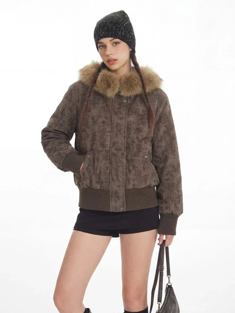 Close-up of the fur collar on a bomber jacket