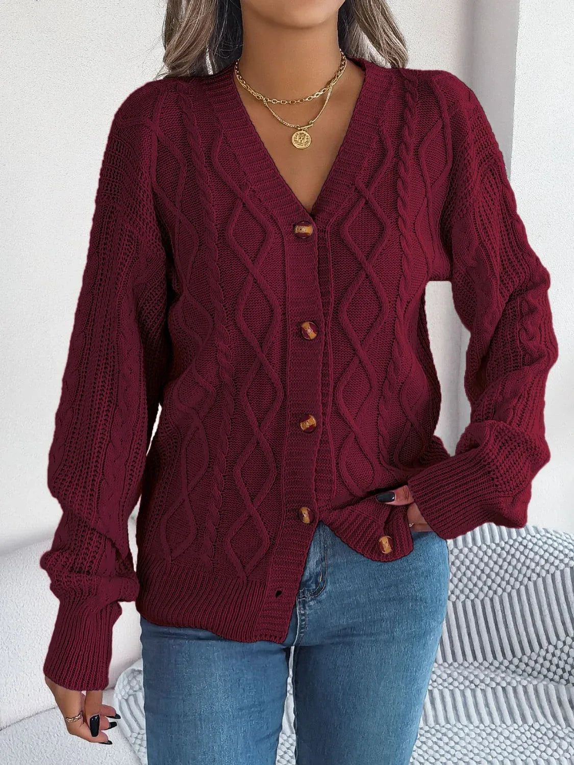 Pink Cable Knit Button Down Cardigan - View 10 | WEUXS