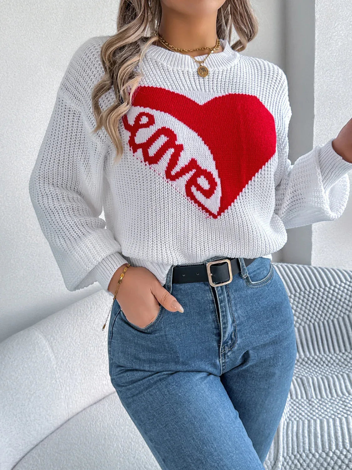 Romantic Pink Heart LOVE Knit Sweater - WEUXS