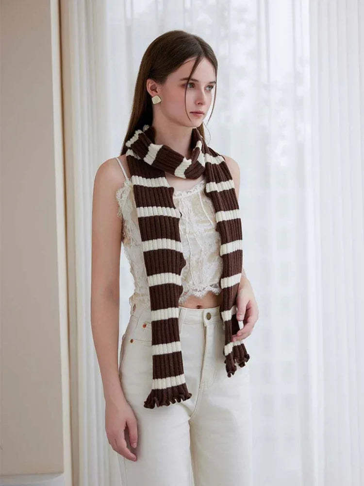 Extra Long Striped Ruffle Skinny Scarf - WEUXS