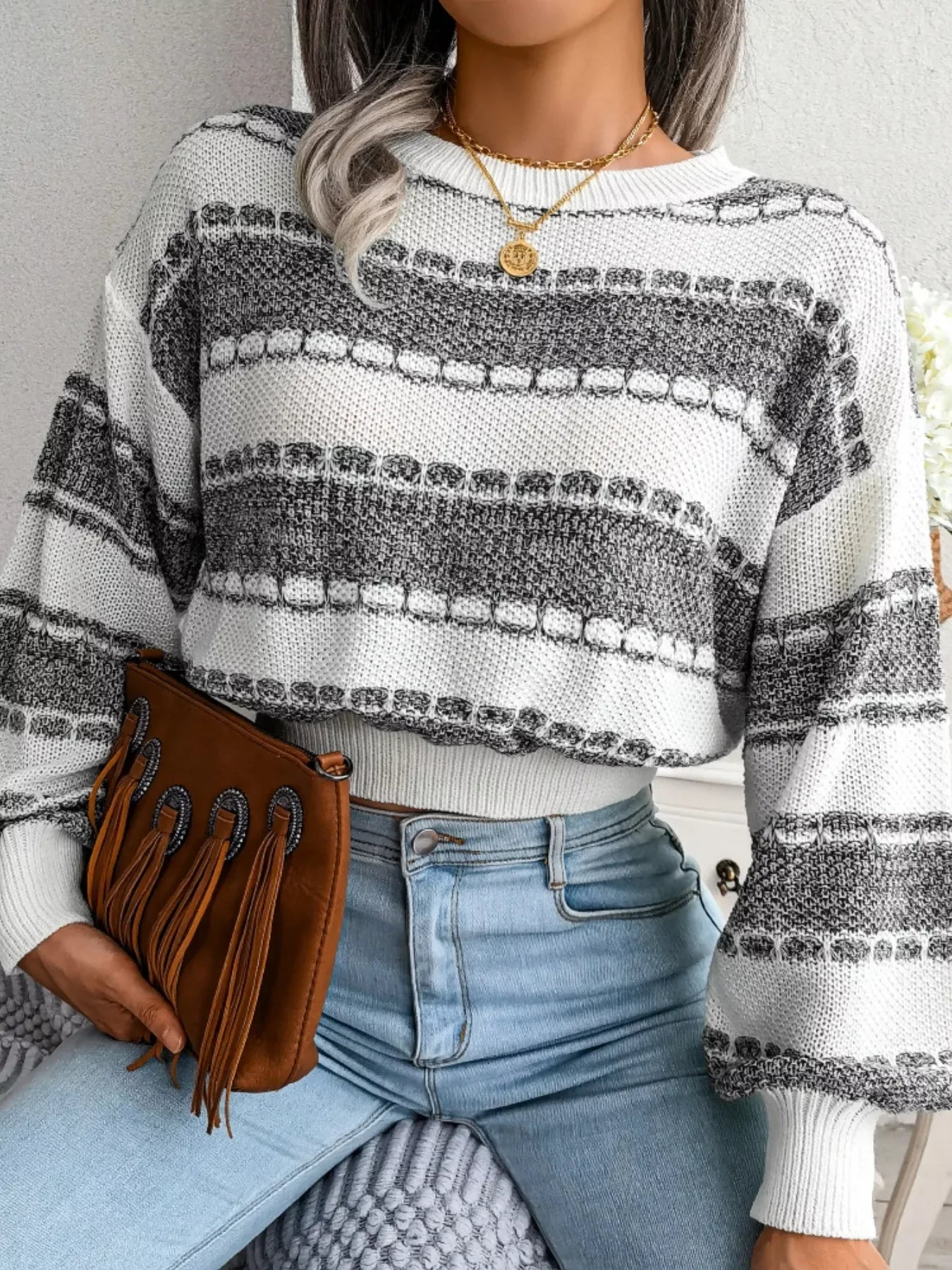 Textured Striped Knit Sweater - View 12 | WEUXS