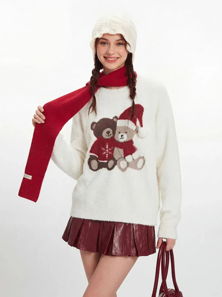 Side view of the oversized fuzzy knit teddy bear sweater