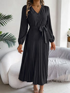 Vintage Khaki V-Neck Pleated Maxi Dress - View 28 | WEUXS