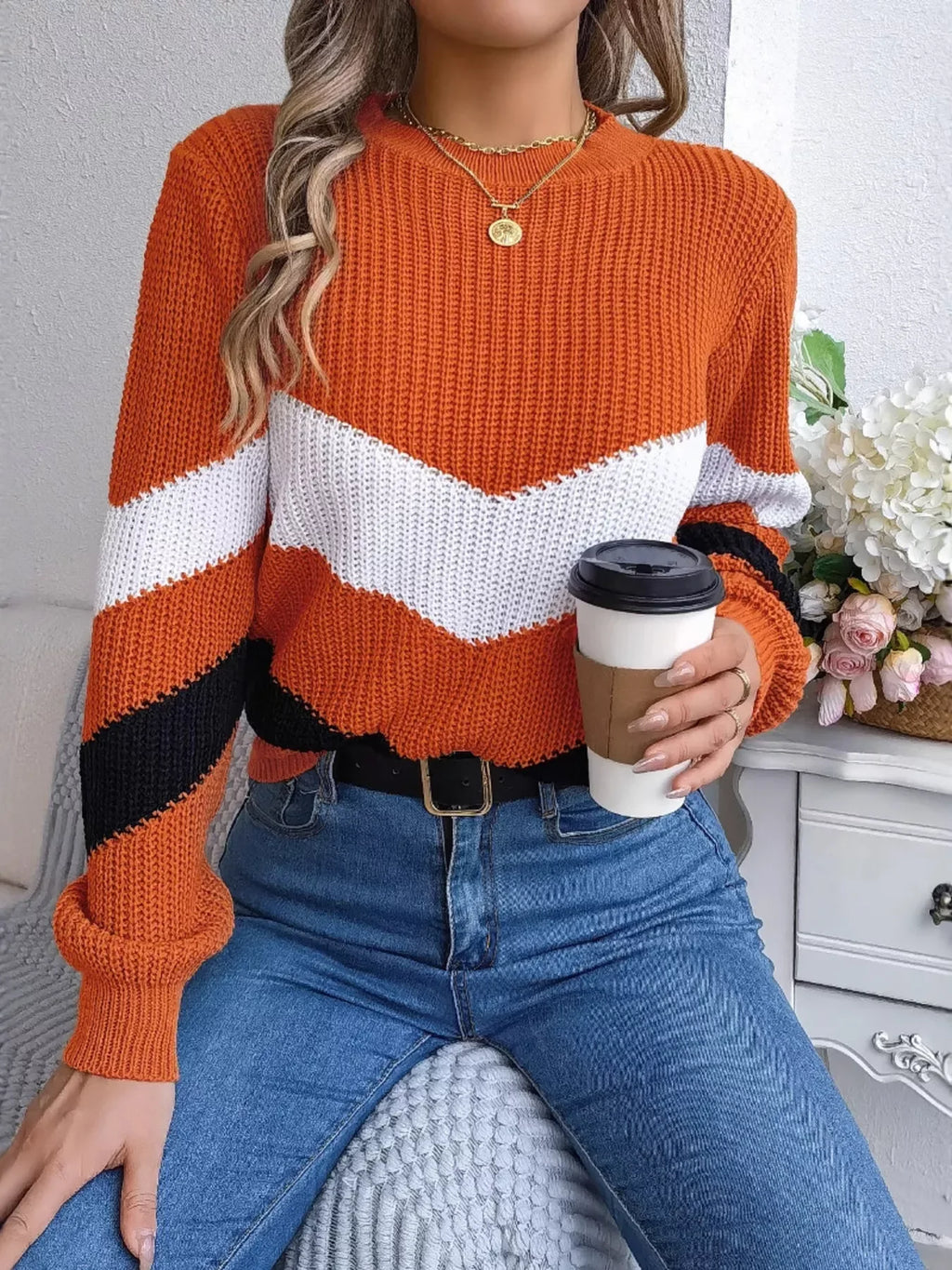 Women's Color Block Chevron Knit Sweater - WEUXS