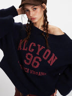 Vintage Collegiate Navy Off-Shoulder Graphic Sweater - WEUXS