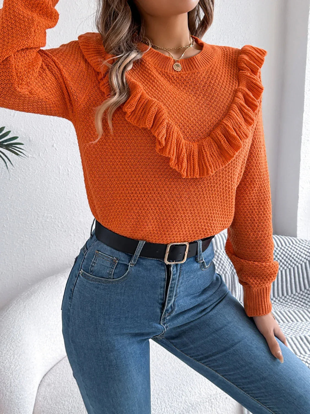 Ruffle trim knit sweater - View 17 | WEUXS