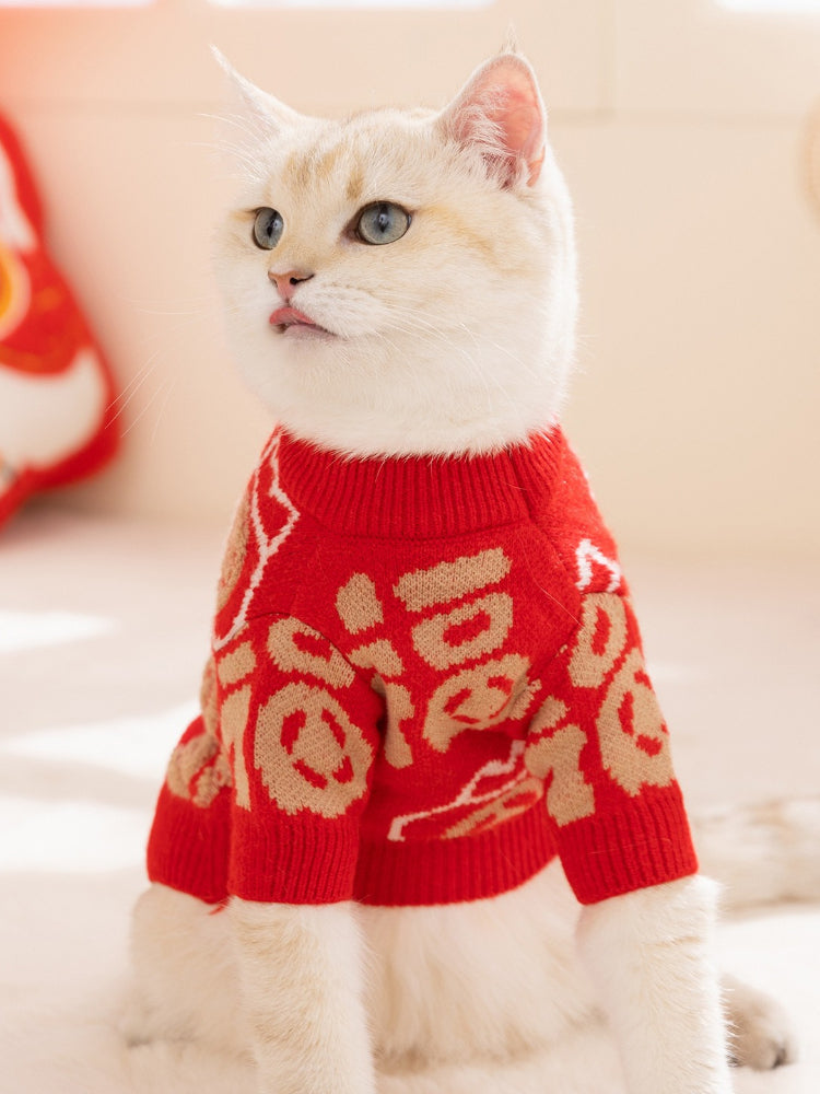 White cat wearing a red knit sweater with beige lucky fortune pattern