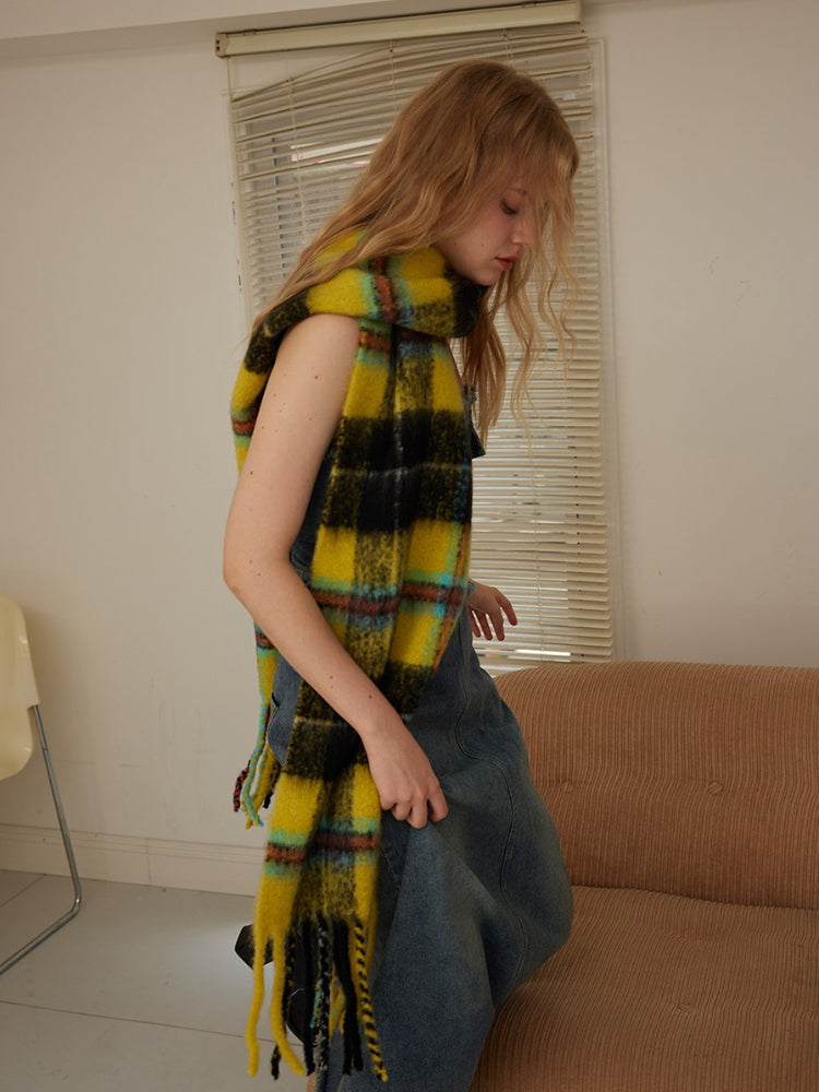 long plaid scarf with fringe in blue and teal - View 9 | WEUXS