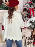 Back view of a relaxed fit holiday sweater with a scalloped hem.