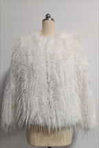 White shaggy faux feather jacket on a mannequin