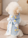 Rear view of a white Bichon Frise dog in a blue and white striped dog coat with yellow star appliques and faux fur trim.