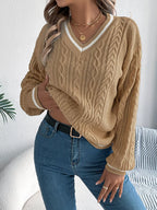 Sky Blue Preppy V-Neck Cable Knit Sweater - View 7 | WEUXS