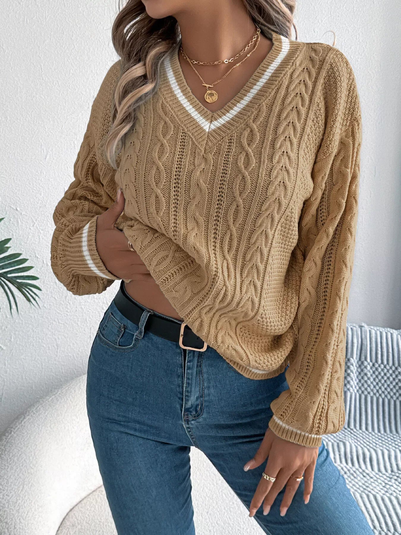 Sky Blue Preppy V-Neck Cable Knit Sweater - View 7 | WEUXS