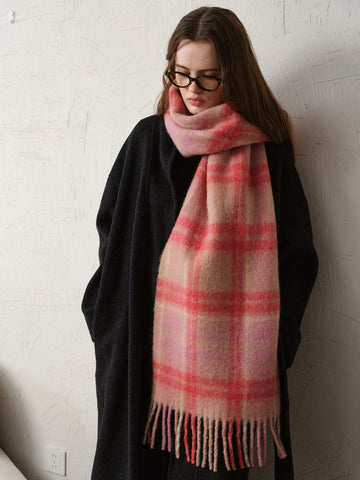 Pink Plaid Wool Blend Scarf