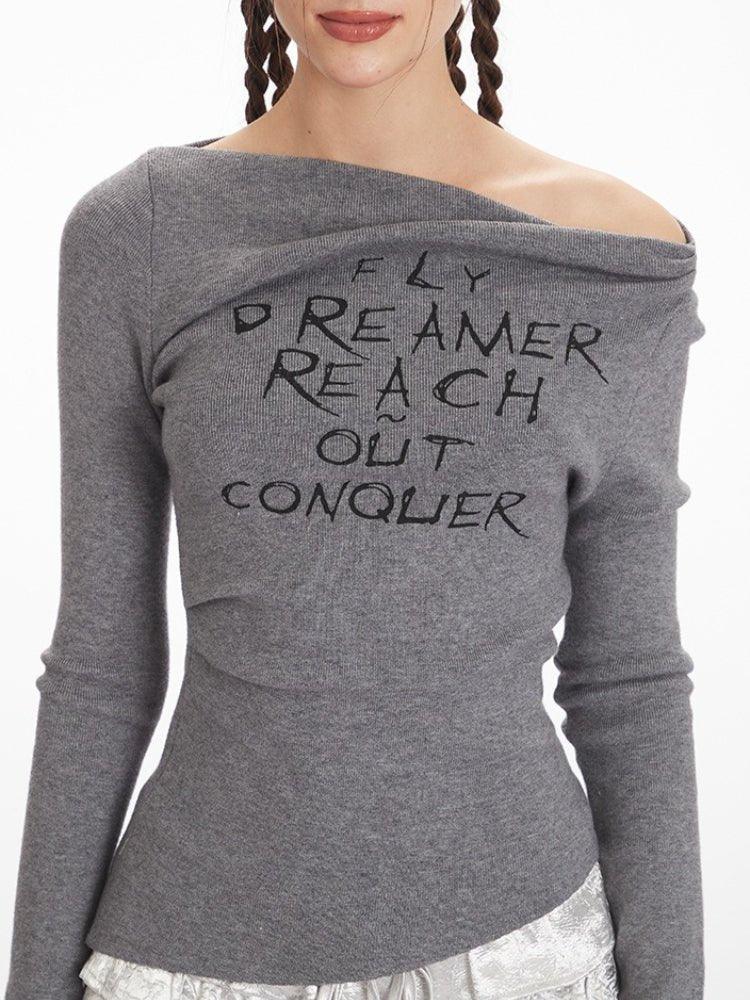 Asymmetrical Knit Top with graphic print and off-the-shoulder neckline - View 6 | WEUXS
