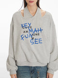 Flower gray graphic print cut-out neck long sleeve sweatshirt with ribbed cuffs and hem - View 6 | WEUXS