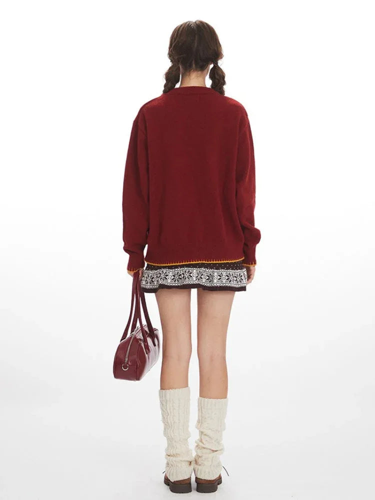 Whimsical Apple & Teddy Bear Pocket Knit Sweater - WEUXS