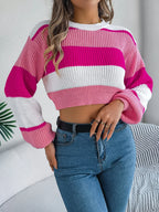 Sunset Boulevard Color Block Knit Crop Sweater - WEUXS