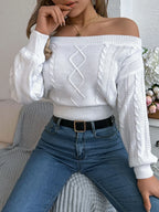 Khaki Off-Shoulder Cable Knit Sweater - View 15 | WEUXS