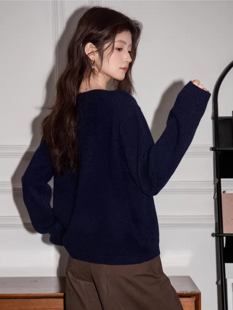 Navy blue textured graphic knit sweater with popcorn design - View 6 | WEUXS