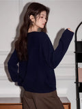 Navy blue textured graphic knit sweater with popcorn design - View 6 | WEUXS