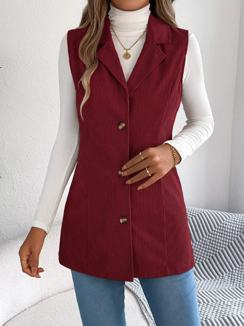Beige corduroy sleeveless jacket with notched lapel - View 9 | WEUXS