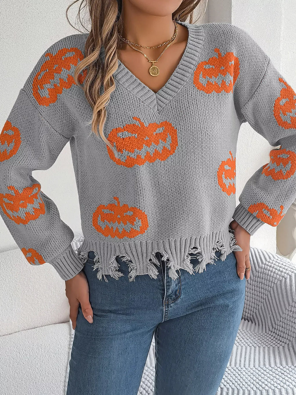 Edgy Distressed Pumpkin Knit Sweater - WEUXS