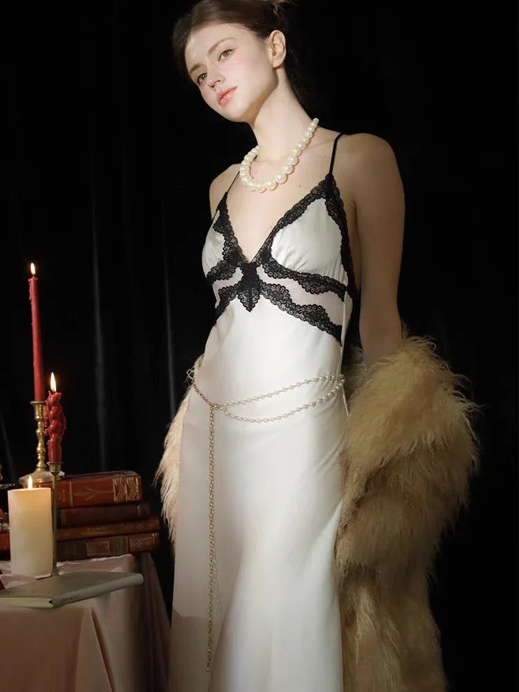 Angelic White | Contrast Lace Satin Slip Dress - WEUXS