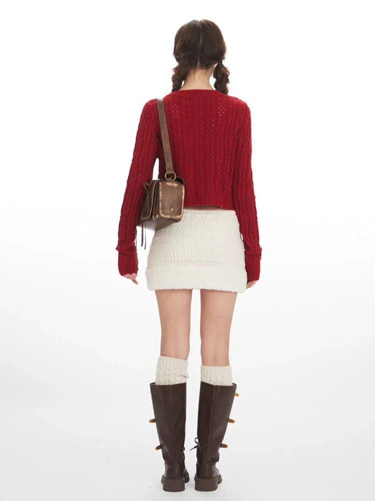 Coquette Cherry Red Bow Pointelle Cardigan - WEUXS