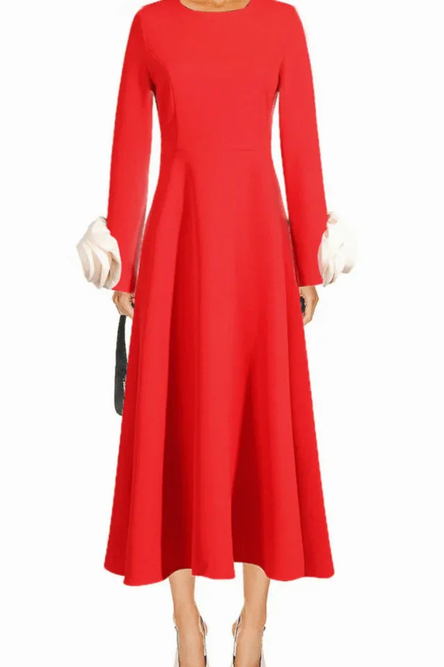 Red long-sleeved dress with white rose cuff embellishments