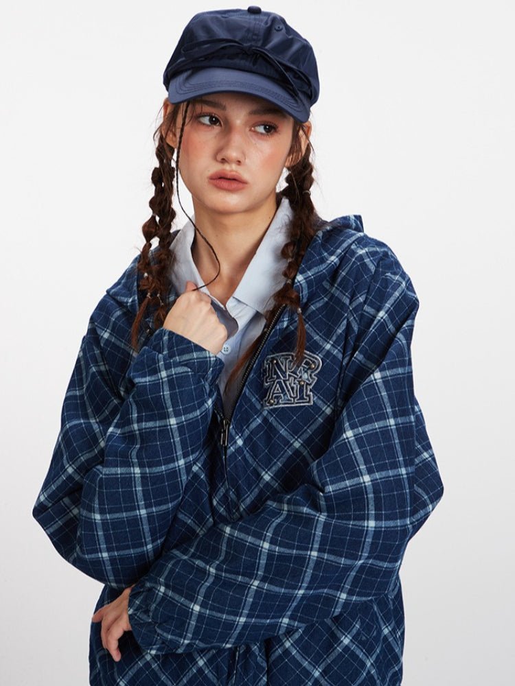 American Retro Plaid Zip - Up Hoodie - WEUXS