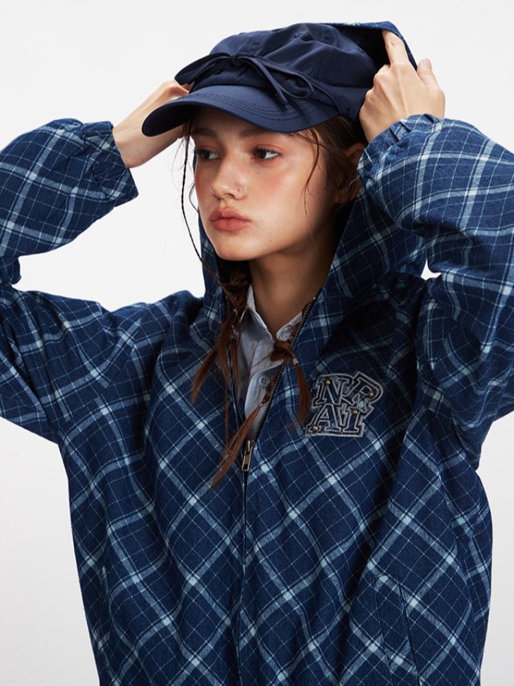 American Retro Plaid Zip - Up Hoodie - WEUXS